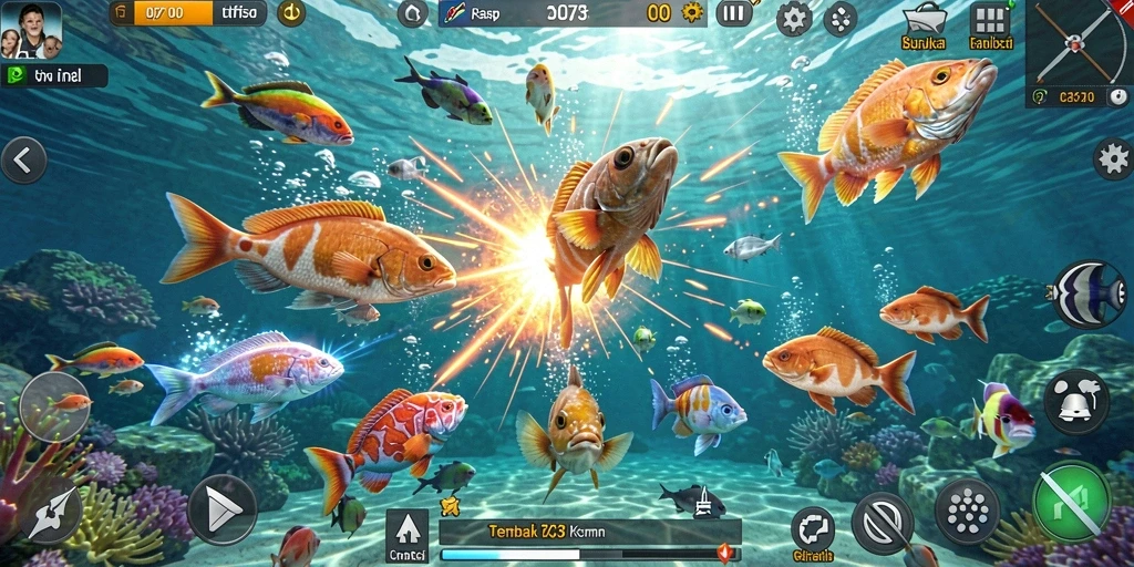 Tampilan action gameplay D73 saat menembak ikan-ikan yang berwarna-warni.