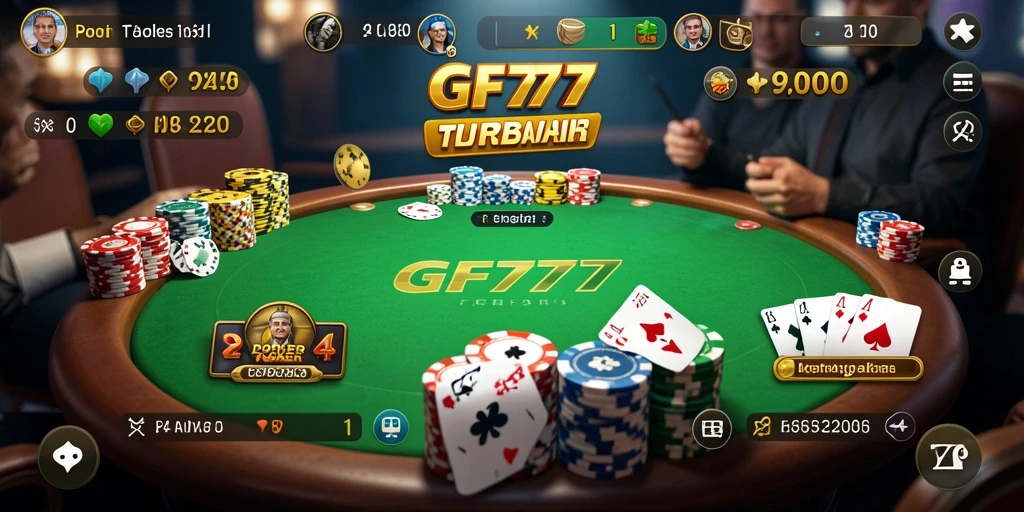 Screenshot gameplay GF777 menampilkan suasana Poker yang mendebarkan dan interaktif.