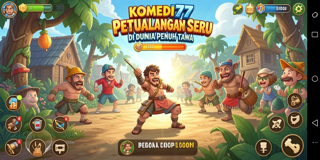 Tampilan gameplay KOMEDI77 yang penuh warna dan humor.