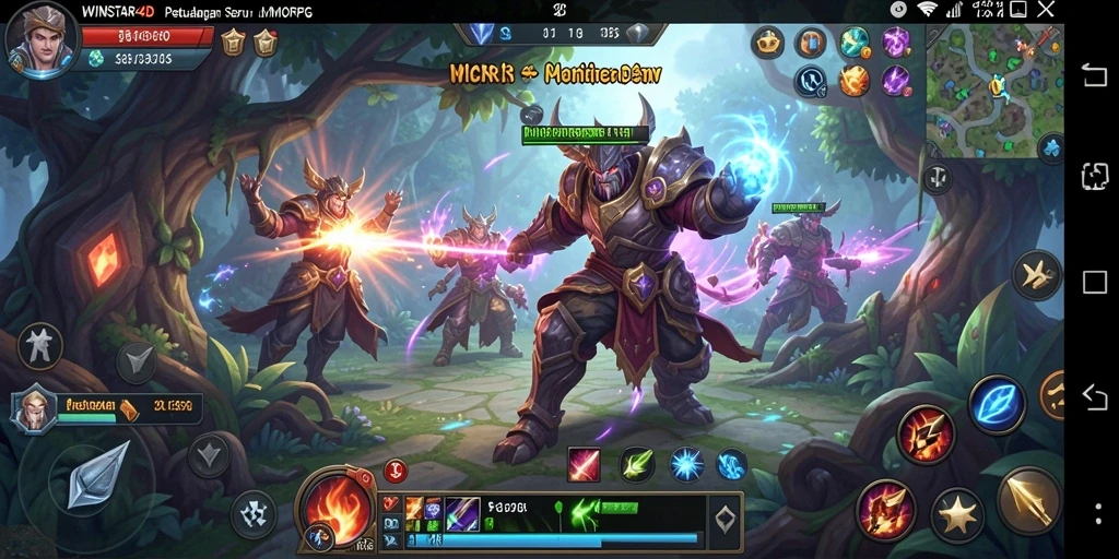 Screenshot gameplay WINSTAR4D menunjukkan suasana petualangan MMORPG yang mendebarkan.